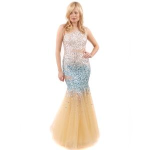 FOREVER UNIQUE
Aqua Fitted Fully Jewel Beaded Fishtail Jazz Dress